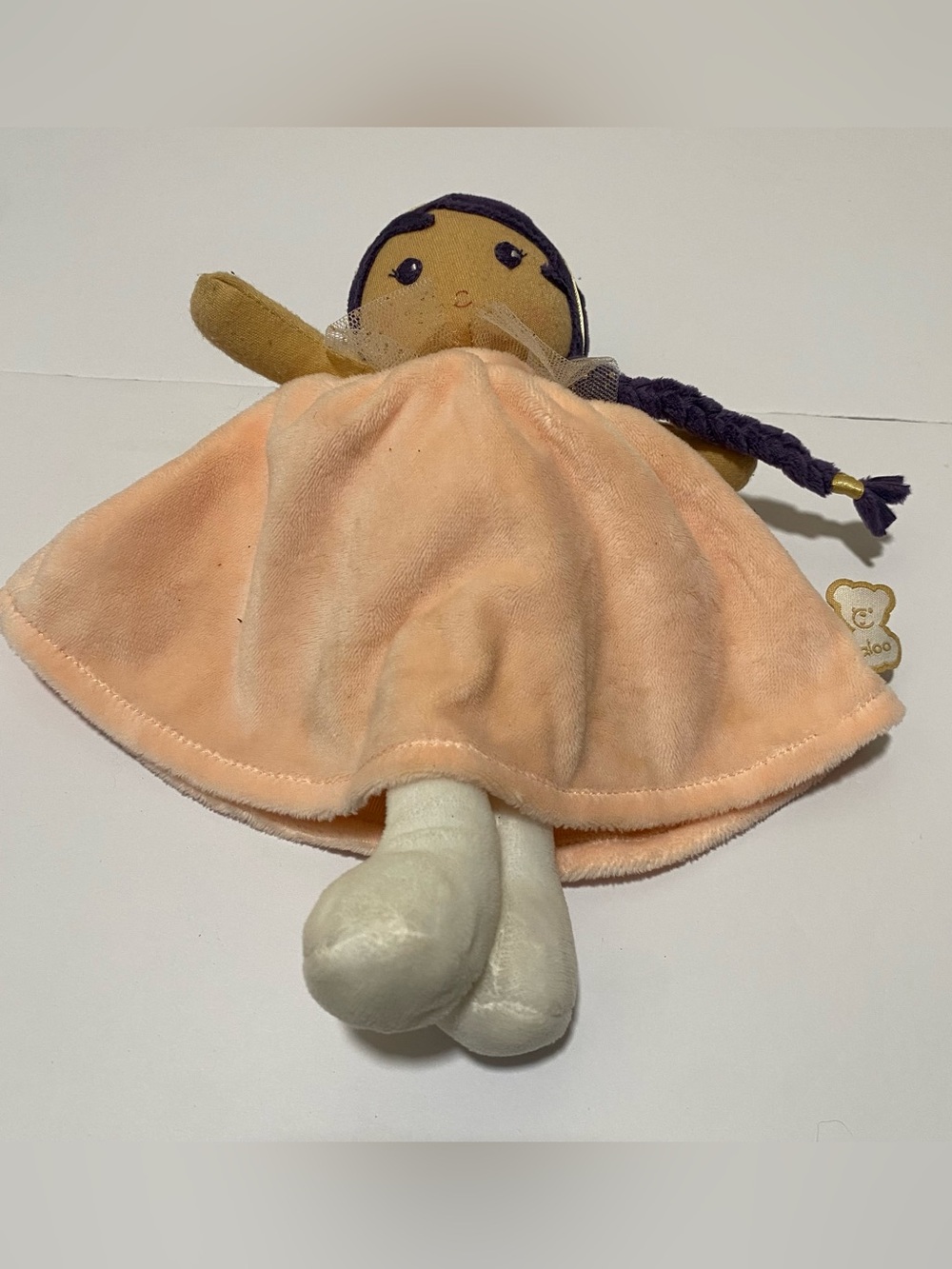 Kaloo Tendresse Peach Lovey Doll Plush Doudou 8" Purple Hair Security Blanket